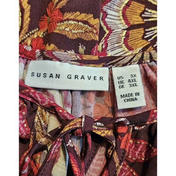 Susan Graver Top Womens 3X Purple Floral Long Sleeve Ruffle Keyhole Tie Neck - Picture 10 of 12